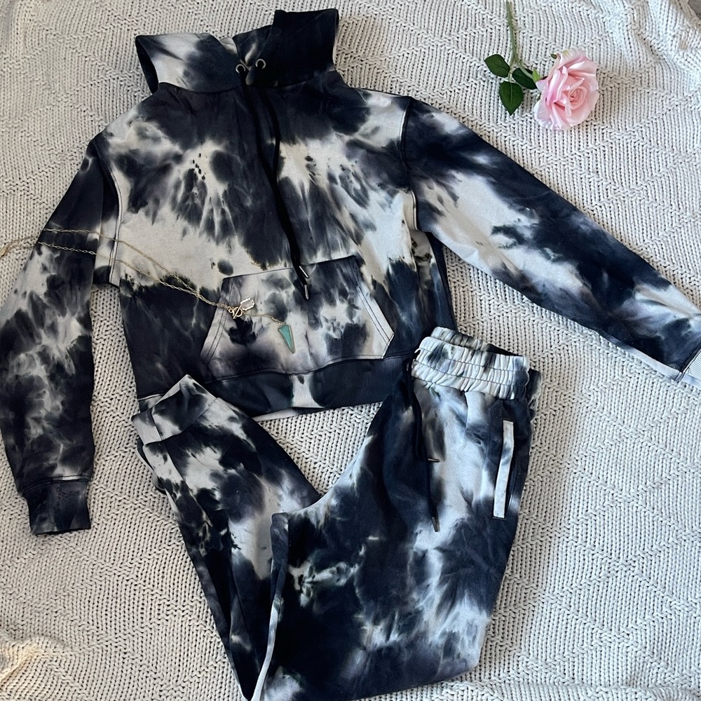 Charlotte Russe Black Gray Tie Dye Hoodie Jogger Set Small Athleisure